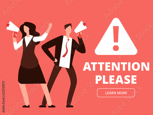 Attention Vector Banner Or Web Page Template With Cartoon Man And Attention Vector Banner Or Web Page Template With Cartoon Man And Woman Megaphones Ilration Of Please Megaphone Message