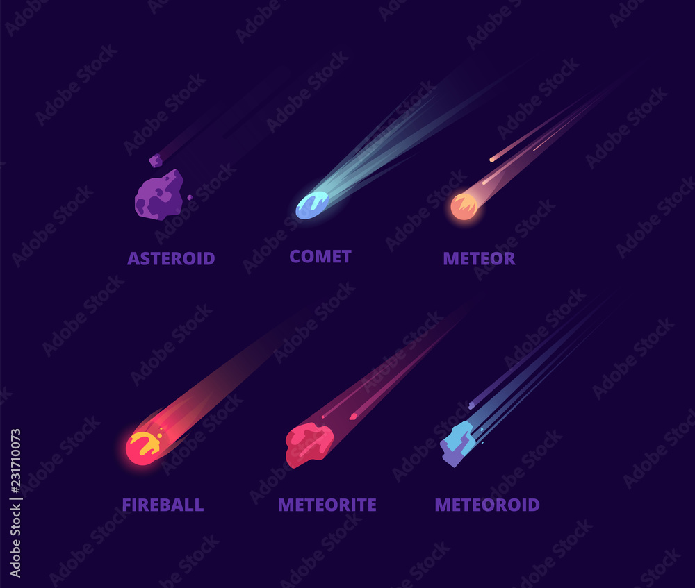 Poster comet asteroid and meteorite. cartoon space objects. atmospheric fireballs vector set. illustration 