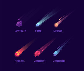 Comet asteroid and meteorite. Cartoon space objects. Atmospheric fireballs vector set. Illustration of asteroid and comet, meteor and meteorite