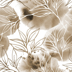 Abstrakcyjny wzór kwiatowy akwarela z liści herbaty w ręcznie rysowane szkic stylu i plamy akwarela. Grunge tło na bielu - 231710652