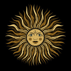 Vector illustration. Vintage vector sun with face