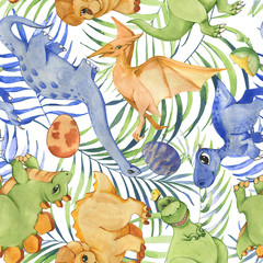 Hand drawn watercolor seamless pattern with cute dinosaurs and tropical leaves. Historical reptiles. Dinosaurs - cartoon character. Illustration for children. Repeated background