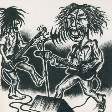 Singer and guitarist from rock and hardrock band is singing and scraming during live concert. Musician is angry - loudness and energy of music. Illustration and drawing is drawn by ink and pen