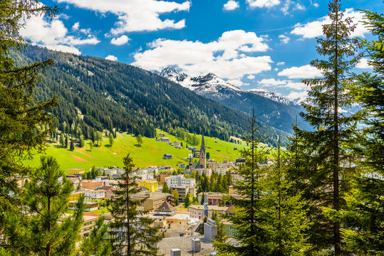 Houses in town village in Alps mountains, Davos,  Graubuenden, Switzerland