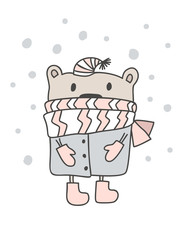Christmas scandinavian style design. Hand drawn vector illustration of a cute funny winter bear in a muffler, going for a walk. Isolated objects on white background. Concept for kids apparel, nursery