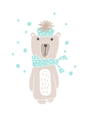 Christmas scandinavian style design. Hand drawn vector illustration of a cute funny bear in a muffler, going for a walk. Isolated objects on white background. Concept for kids apparel, nursery print