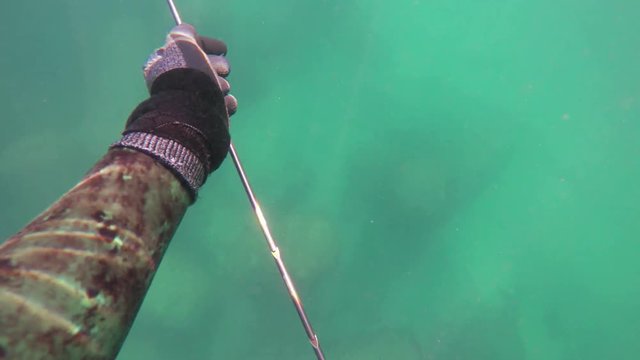 Underwater hunter, fisherman reloads the gun under water.