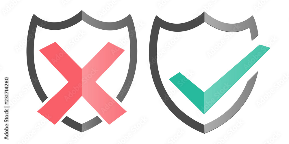Poster shields and check marks icons set. red and green shield with checkmark and x mark. protection, safet