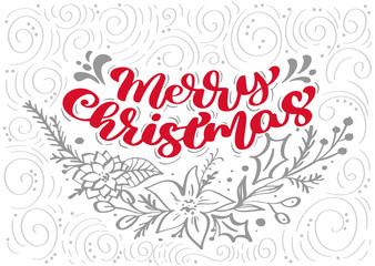 Red Merry Christmas Calligraphy Lettering vector text with winter xmas elements in scandinavian style. Creative typography for Holiday Greeting card Poster