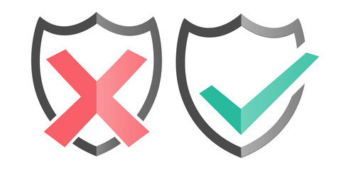Shields and check marks icons set. Red and green shield with checkmark and x mark. Protection, safety, security, reliability concepts. Modern flat design graphic elements.Shield icon with symbol