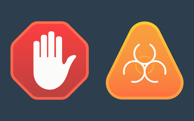 Hand Block ADS sign illustration. block or red stop sign icon with hand / palm flat vector icon for apps and websites. Warning sign of virus. Biohazard icon. Biohazard symbol.