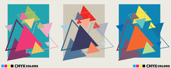 Abstract geometric covers or posters with multicolored triangles. CMYK colors