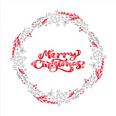Merry Christmas Calligraphy vector text in xmas floral wreath frame. Lettering design in scandinavian style. Creative typography for Holiday Greeting Gift Poster