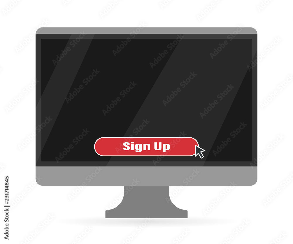 Poster computer screen. click to sign up. modern flat screen computer monitor. computer display isolated on
