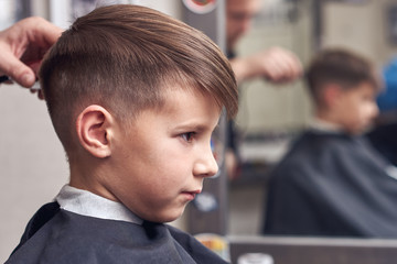 Side view of cute boy getting hairstyle by hairdresser in barbershop. - 231714889