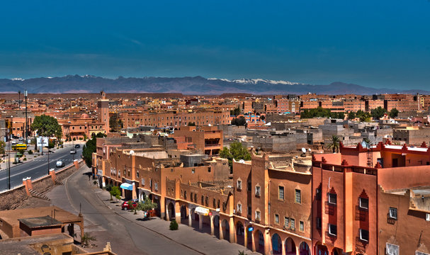 View over Ouarzazate with the snowed Great Atlas in the distance