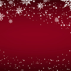 Christmas card with falling snow or snowflakes on red background. Vector.