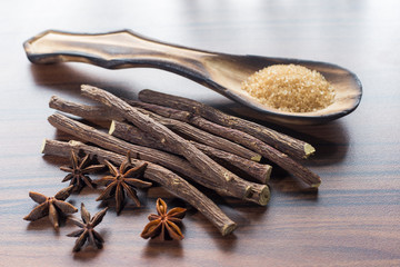 licorice root and brown sugar on the table