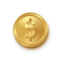 Golden coin with dollar symbol isolated on white background. Vector finance icon.