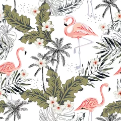 Behang Flamingo Tropische roze flamingo vogels, plumeria bloemen, palmbladeren, bomen witte achtergrond. Vector naadloos patroon. Grafische illustratie. Exotische jungleplanten. Zomer strand bloemmotief. Paradijs natuur