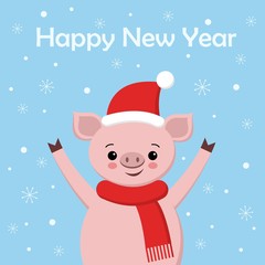 Cute Pig, greeting card merry christmas and happy new year 2019, chinese new year, vector illustration