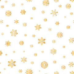 Christmas seamless pattern Winter Holiday snow background with golden snowflakes