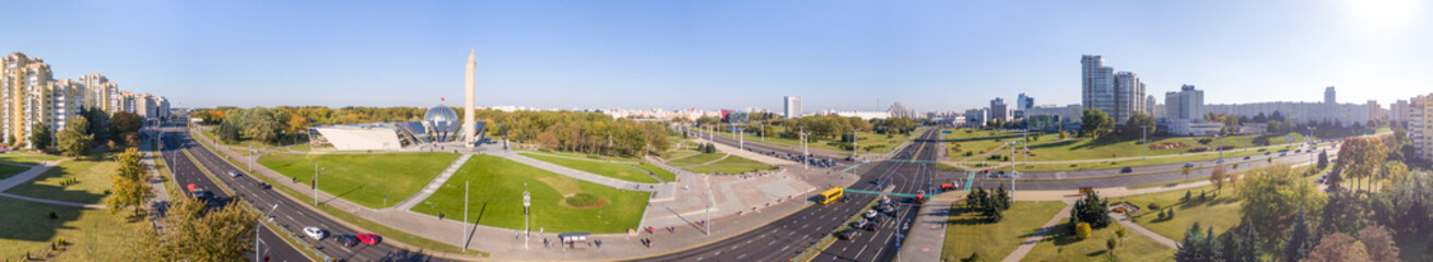 Aerial view of Stela obelisk Hero city Minsk and Belarusian Great Patriotic War Museum