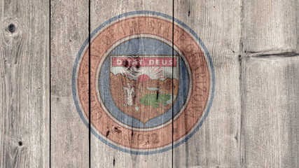 USA Politics News Concept: US State Arizona Seal Wooden Fence Background