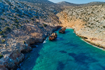 aerial view of Shipwreck Olympia in Amorgos island, Cyclades, Greece
