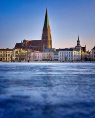 Frozen lake in winter. Pfaffenteich is a lake in the city of Schwerin.