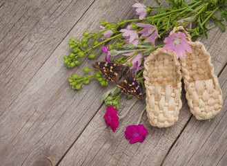 Summer still life with mallow and straw bast shoes