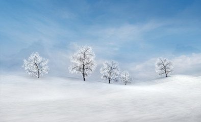 Fototapeta na wymiar calm winter plains with bare deciduous trees at bright daylight, winter nature 3D scene copy space background illustration rendering