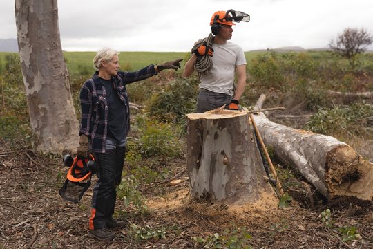 Lumberjack holding chainsaw in the forest