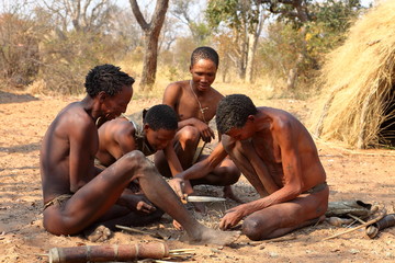 Buschmänner in Namibia beim Feuer machen - obrazy, fototapety, plakaty