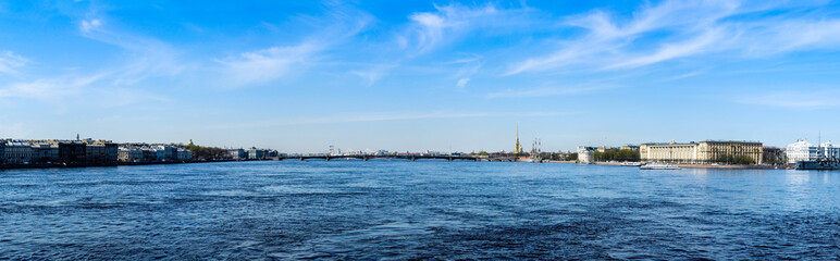 Fototapeta premium Panorama view of Neva river and embankments of Saint Petersburg. Panoramic banner format.