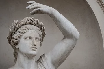 Photo sur Plexiglas Monument historique Statue de femme sensuelle de l& 39 époque de la renaissance romaine dans un cercle de feuilles de laurier, Potsdam, Allemagne, détails, gros plan