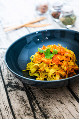 Small prawns tomato compote Tagliatelle with pesto