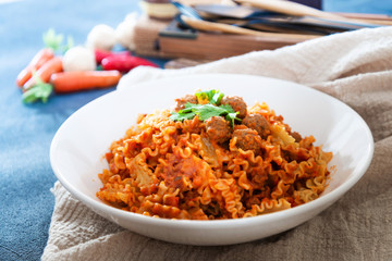 Radiatori pasta Bolognese on the table