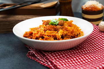 Radiatori pasta Bolognese on the table