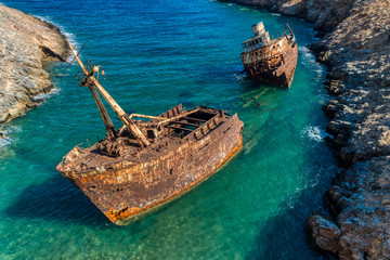 aerial view of Shipwreck Olympia in Amorgos island, Cyclades, Greece