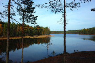 Fototapeta na wymiar Nature of Sweden in autumn, Calm lake Bredatjarnen with forest reflection, Peaceful outdoor image