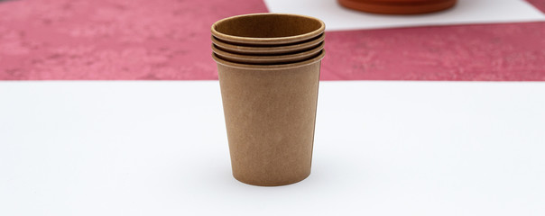 Food, paper glasses. Copy space for text and logo. Glass of coffee.