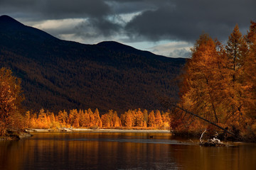 Russia. far East. The colours of autumn are cold-water rivers of Magadan.