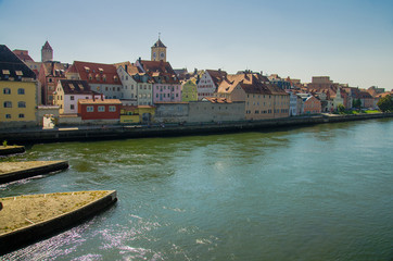 Regensburg, colourful buildings and river Danube in Bavaria, Germany