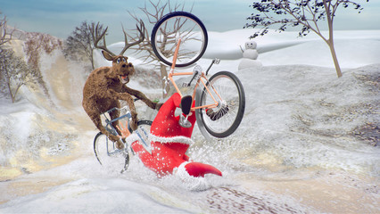 Funny Lame and Bad Santa Claus on bicycle with friend reindeer on a racing. Merry Christmas and Happy New Year. Saint Nicholas day. Mannequin Challenge. 3D rendering. Copy space Champion Cup concept.