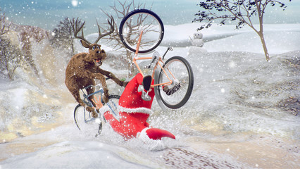 Funny Lame and Bad Santa Claus on bicycle with friend reindeer on a racing. Merry Christmas and Happy New Year. Saint Nicholas day. Mannequin Challenge. 3D rendering. Copy space Champion Cup concept. © radfx