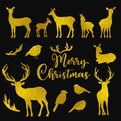 Set of vector golden deers and birds silhouettes