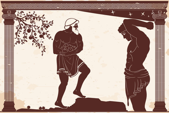 Hercules carries the Golden Hesperides apples. Figure on a beige background with the aging effect.