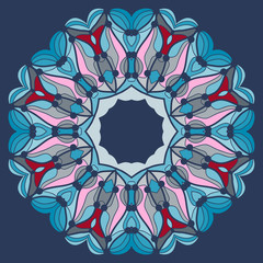 Mandala in blue. Fflower like kaleidoskopic tribal inspired art.