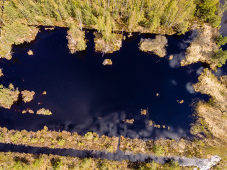 drone image. aerial view of rural area with fields and forests with river and water reflections